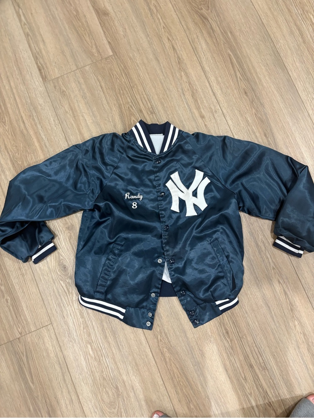 New York Yankees Navy Satin Bomber Jacket with White Logo